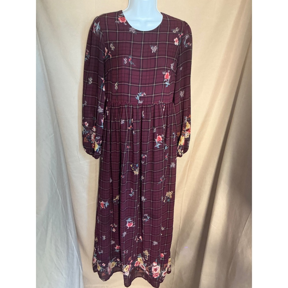 Orange Creek Maxi Dress Women Small Burgundy Excellent Plaid Floral Long Sleeve
